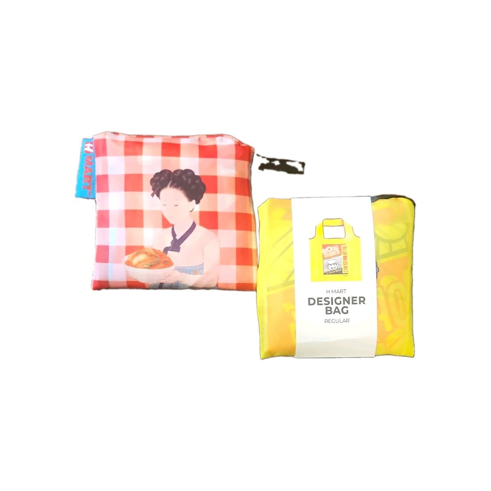 H Mart Designer Bag Foldable Reusable Shopping Bags 2-Pack Checkered Yellow/Red
